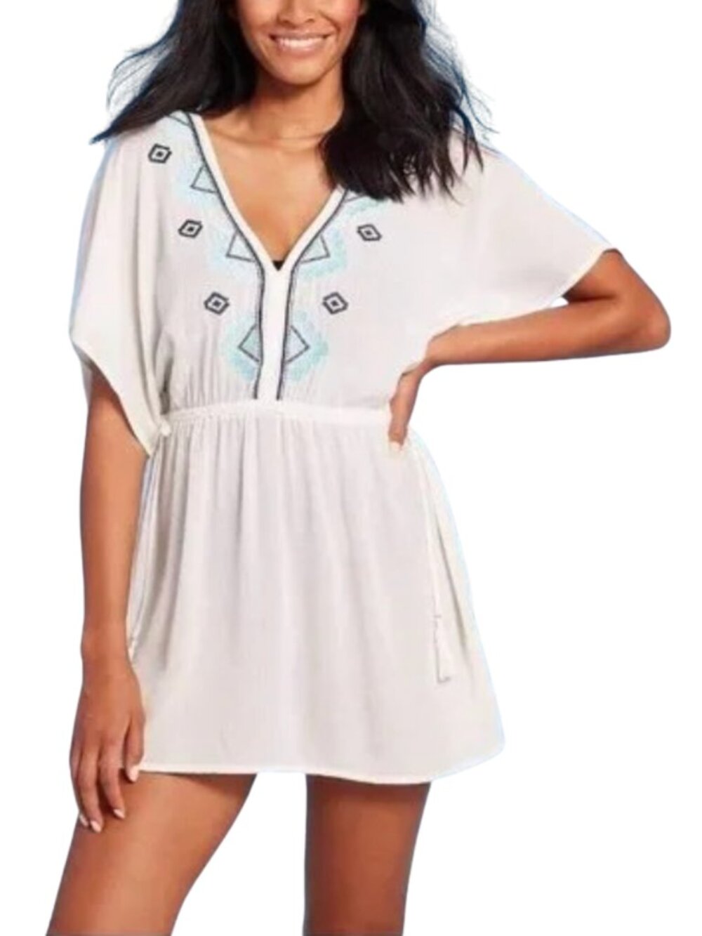 Kona Sol White Embroidered Tassel Swim Cover Up Dress Size M Boho Resort Wear